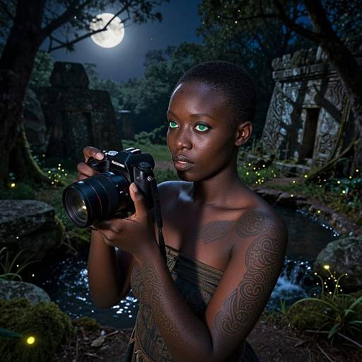 Photograph of a tattooed, dark-skinned woman with glowing green eyes, holding a camera in a moonlit forest, surrounded by fireflies and
