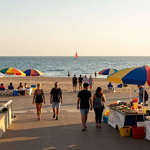 Photograph of a sunny beach at sunset, with colorful umbrellas, people walking, a small sailboat on the horizon, and a vendor table with