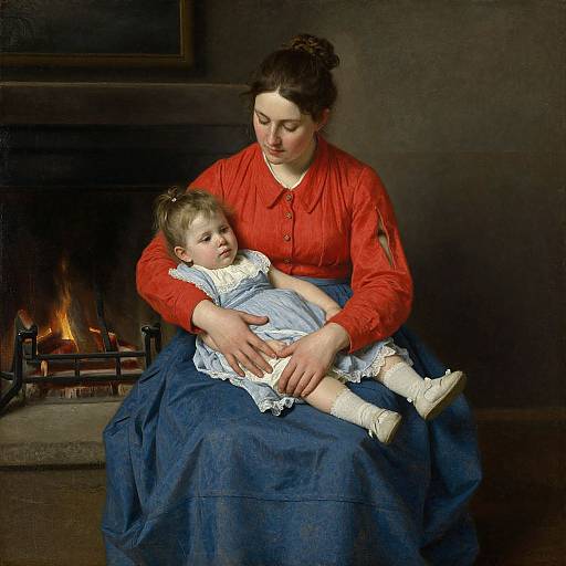 Photograph-style painting of a woman in a red dress and blue skirt, holding a young girl in a blue dress and white socks, seated in front