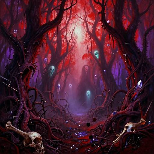 Digital art: Dark, twisted forest with glowing red sky, skeletal remains, thorny branches, floating ghostly faces, and ethereal blue orbs.