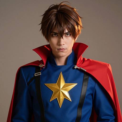 Photograph of a young man with dark brown hair, wearing a blue superhero costume with a gold star, red cape, and black suspenders, against