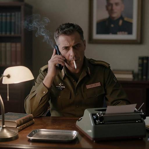 Military Officer Smoking and Talking on Phone at Desk