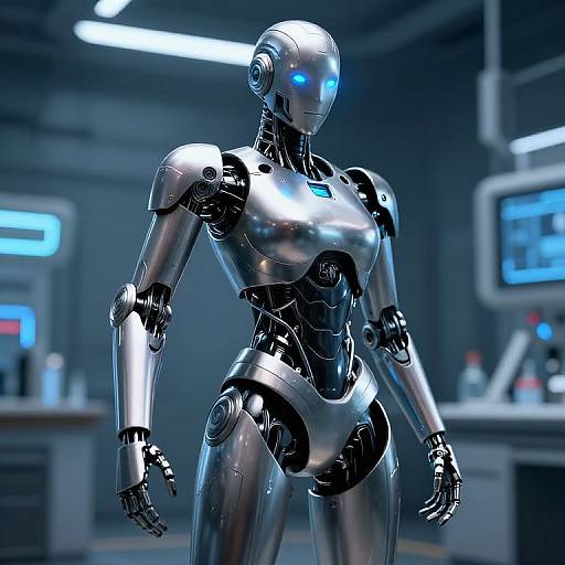 Photorealistic CGI of a shiny silver female humanoid robot with glowing blue eyes, standing in a futuristic laboratory with blurred monitors and equipment in the background.