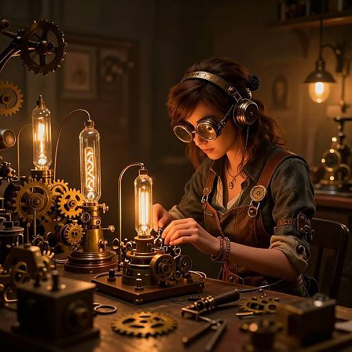 Steampunk woman with goggles and headphones tinkers with glowing lamps and gears in a dimly lit, vintage workshop. Warm, ambient light. Photograph
