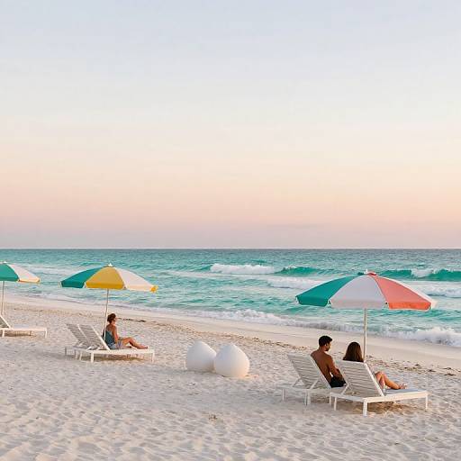 Photograph of a serene beach at sunset, featuring two people lounging on white chairs under colorful umbrellas, with gentle waves and a pastel sky