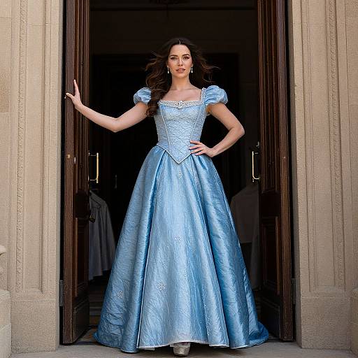 Photograph of a fair-skinned woman with long dark hair, wearing a blue, puffed-sleeve, Victorian-style ball gown, standing in