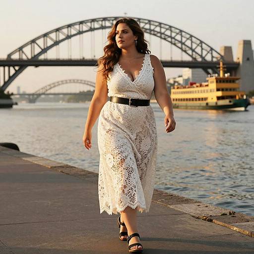 Curvy Woman Walking at Sunset Waterfront