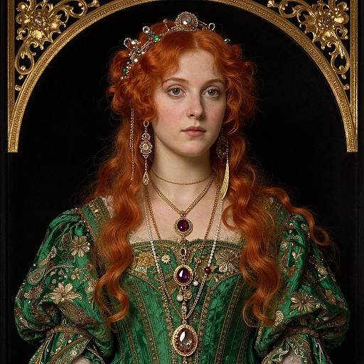 Photograph of a fair-skinned, red-haired woman in an ornate, green Renaissance-style dress with gold embroidery, wearing a jeweled tiara