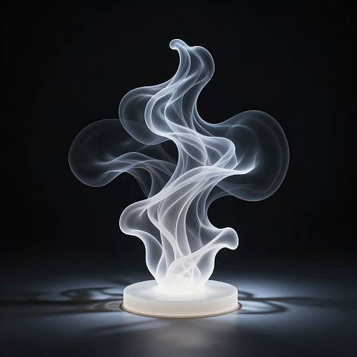 Photograph of a glowing, ethereal white flame with intricate, swirling patterns, standing on a bright white base against a dark, black background.