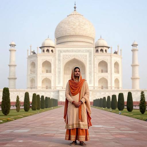 Photograph of a woman in traditional Indian attire, orange and cream saree, standing in front of the Taj Mahal, with symmetrical gardens and