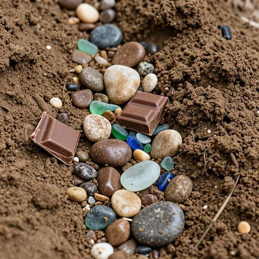 Photograph of chocolate squares and various colorful pebbles scattered on rich, brown soil, creating a striking contrast between textures.