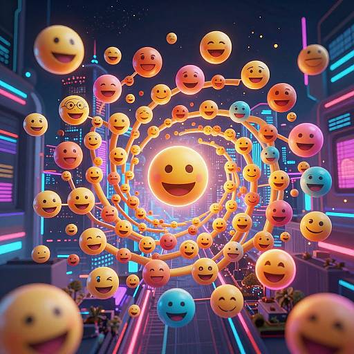 Neon-lit cityscape with floating, smiling emoji faces forming a spiral around a central glowing orange emoji. Digital CGI artwork.