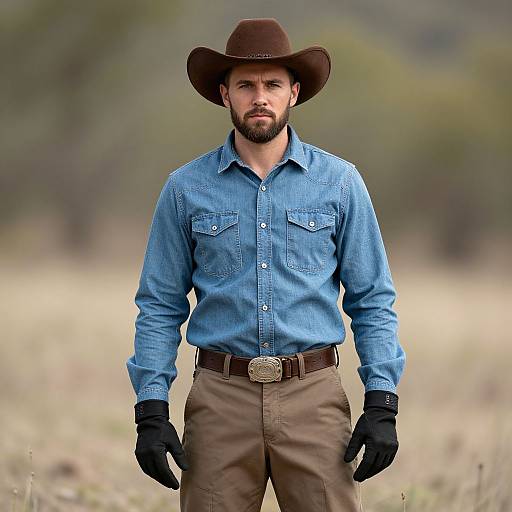 Photograph of a serious, bearded man with brown hat, blue shirt, brown pants, black gloves, standing in grassy field, blurred background
