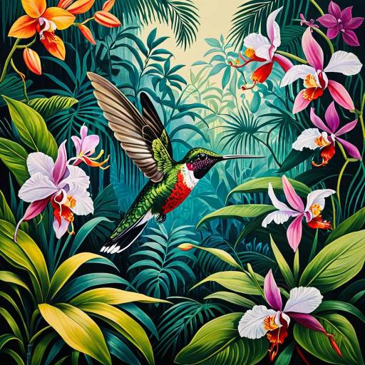 Dreamy Hummingbird in Tropical Orchid Rainforest