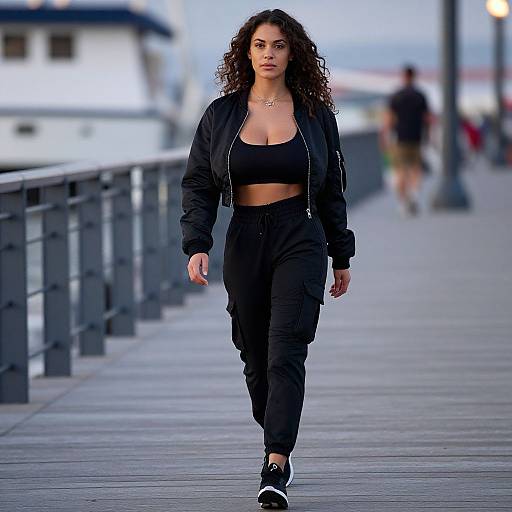 Photograph of a confident woman with curly dark hair, wearing a black crop top, zip-up jacket, and black pants, walking on a wooden pier