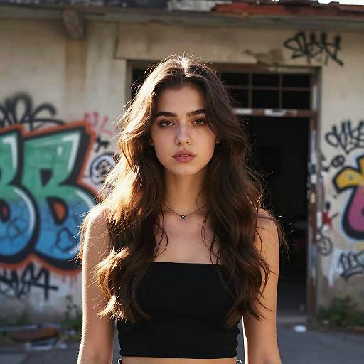 Photograph of a young woman with long, wavy dark brown hair, wearing a black tube top, standing in front of a graffiti-covered, dil