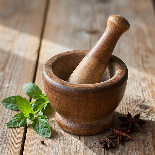 Rustic Pestle and Mortar with Herbs