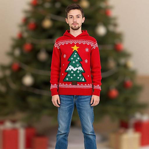 Photograph of a bearded man in a red Christmas sweater with a green tree design, blue jeans, standing in front of a blurred Christmas tree and