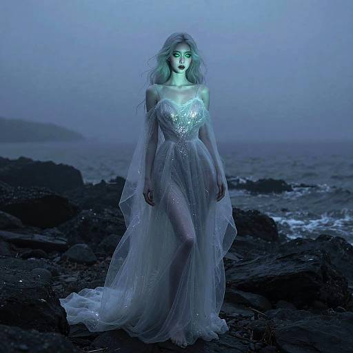 Photograph of a pale, ethereal woman with blue-tinted skin, wearing a shimmering, strapless, translucent gown, standing on rocky