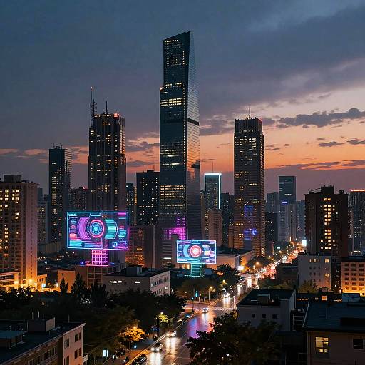 Digital artwork of a vibrant cityscape at dusk, featuring tall skyscrapers with illuminated neon signs, colorful sunset sky, and busy streets below.