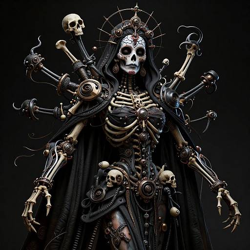 Digital art of a skeletal figure adorned with multiple bones, skulls, and mechanical parts, wearing a dark hooded cloak, against a black background.