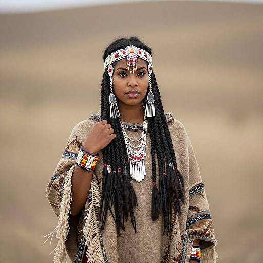Photograph of an African woman with long braids, wearing intricate silver jewelry, a beaded headband, and a beige traditional garment, standing in
