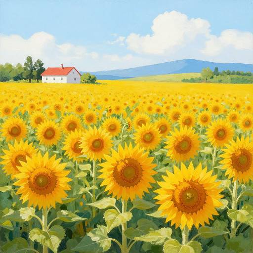 Vibrant sunflower field with yellow blooms in foreground, white house with red roof in background, blue sky with white clouds, and distant green hills