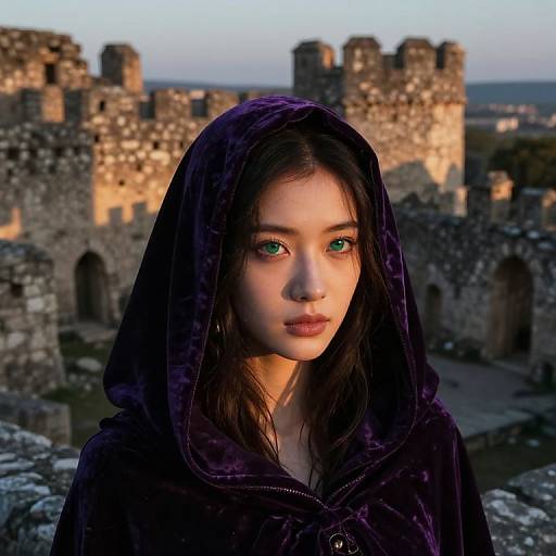Photorealistic digital portrait of a young Asian woman with green eyes, wearing a dark purple hooded cloak, in front of a sunlit, ancient