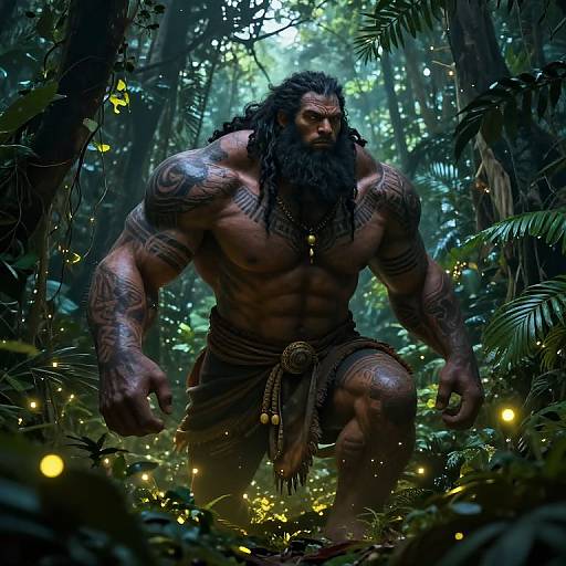 Digital art of a muscular, tattooed, bearded man with dark skin, long dreadlocks, wearing a loincloth, crouching in