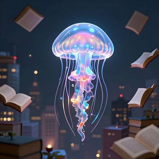 Digital artwork of a glowing blue and pink jellyfish floating amidst floating books, set against a city skyline at night.