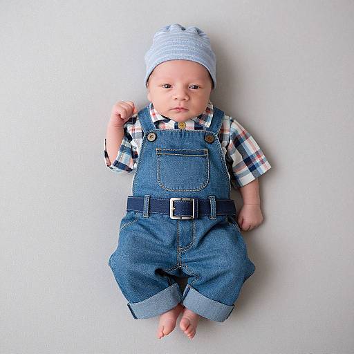 Photograph of a baby with light skin, wearing a blue knit hat, plaid shirt, and blue denim overalls with a belt, lying against