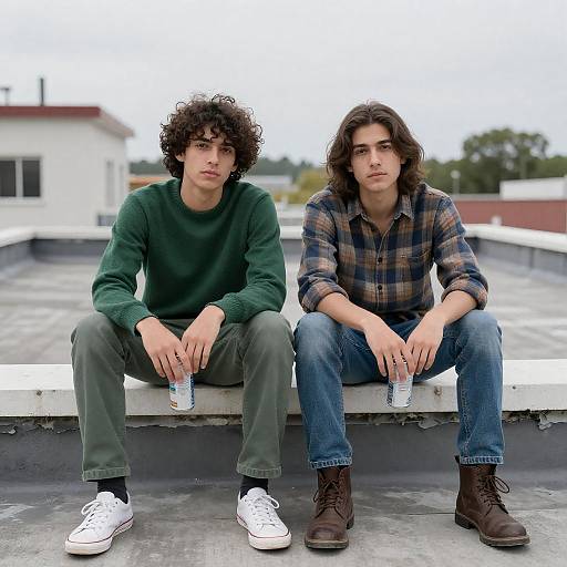 Two Young Men Sitting on Rooftop with Drinks