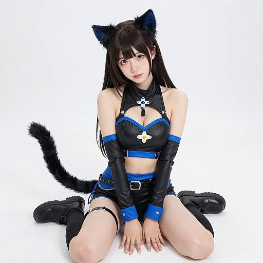 Woman in Black and Blue Cat Cosplay Outfit