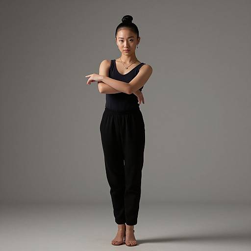Photograph of an Asian woman with a top bun, wearing a black sleeveless jumpsuit, barefoot, arms crossed, standing against a gray background