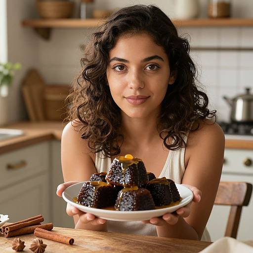 Photograph of a smiling young woman with curly dark hair, holding a plate of dark, glossy, sweet potato cakes, in a cozy kitchen with wooden