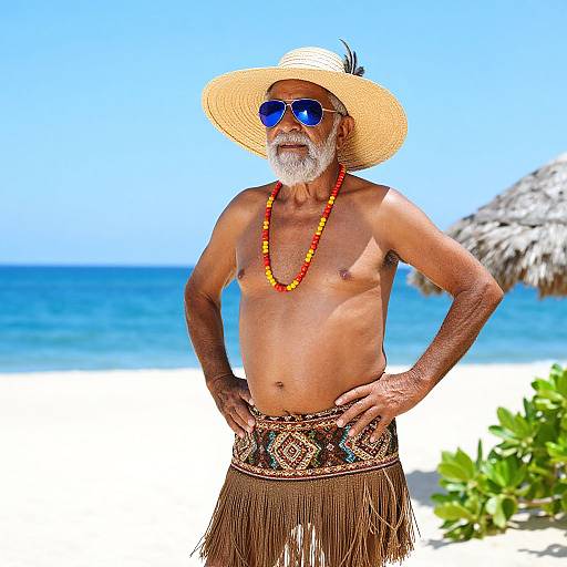Photograph of an elderly man with a white beard, wearing a straw hat, blue sunglasses, red-yellow bead necklace, and fringed skirt, standing