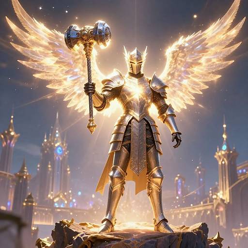 Glowing, armored angel warrior with golden wings and crown, holding a massive hammer, stands on a rocky pedestal in a radiant, starry,