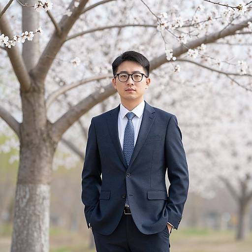 Photograph of an Asian man in a black suit, white shirt, and blue tie, standing outdoors with cherry blossoms in the background. He wears