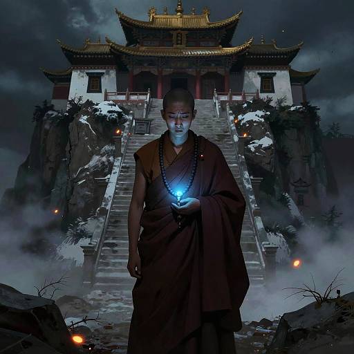 Stoic Mountain Monk Amidst Fiery Shadows