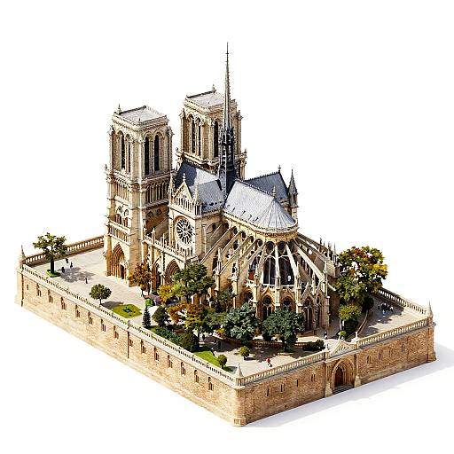 Photorealistic 3D model of Notre-Dame Cathedral, showcasing detailed Gothic architecture, tall twin towers, intricate spires, and surrounding greenery
