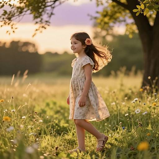 Photograph of a young girl with long brown hair, wearing a floral dress and pink flower hairpin, walking in a sunlit meadow with wild