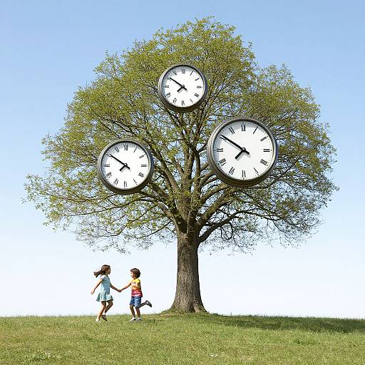 Photograph of two children holding hands, standing in front of a tree with four clock faces, on a sunny grassy field.