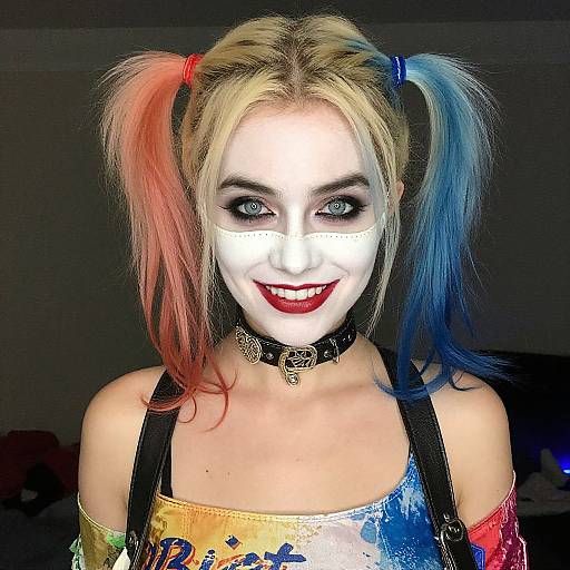 Photograph of a woman in a Harley Quinn costume with white face paint, colorful pigtails, red lipstick, and a black choker.