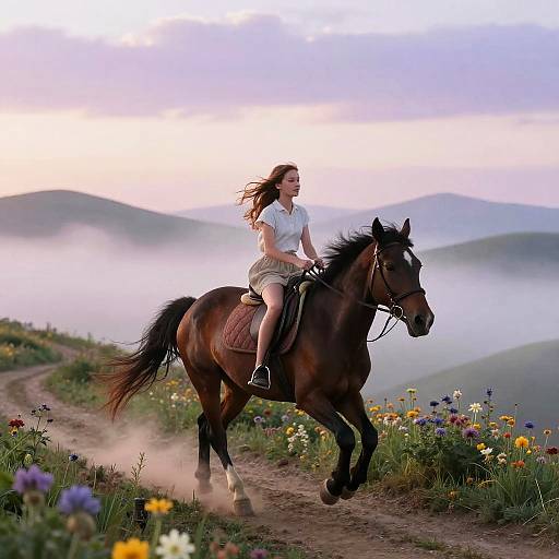 Young Girl Riding Horse at Dawn