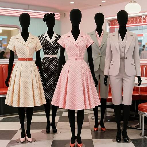 Photograph of five black mannequins in vintage clothing: four women in polka dot dresses (yellow, black, pink) and one man