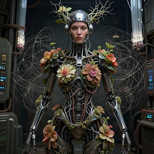 Photorealistic CGI of a futuristic, robotic woman adorned with vibrant flowers, wearing a metallic headpiece with antlers, in a dark, tech-filled