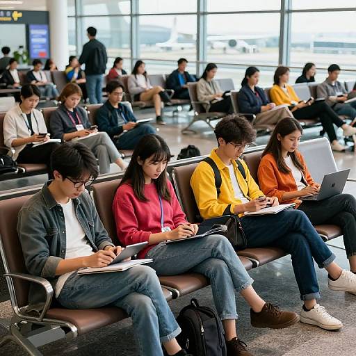 Photograph of a busy airport waiting area; four young Asian students in casual attire, using laptops and writing on papers, sitting on brown benches, with