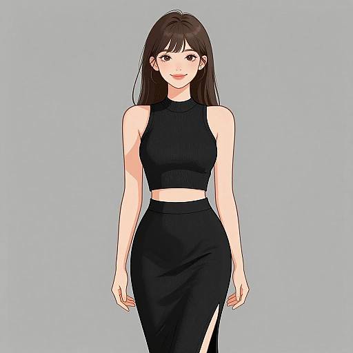 Digital anime-style drawing of a slender woman with long black hair, wearing a sleeveless black crop top and high-waisted black skirt, against a