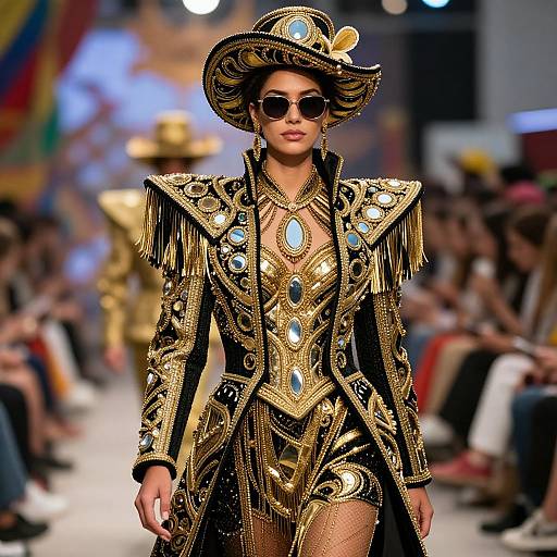 Photograph of a confident model in an elaborate, gold-fringed, sequined outfit with large blue gems, wide-brimmed hat, and dark