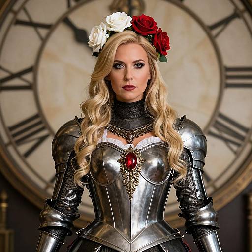 Blonde woman with long wavy hair, wearing shiny silver armor, red and white roses in hair, standing before large clock. Photorealistic digital